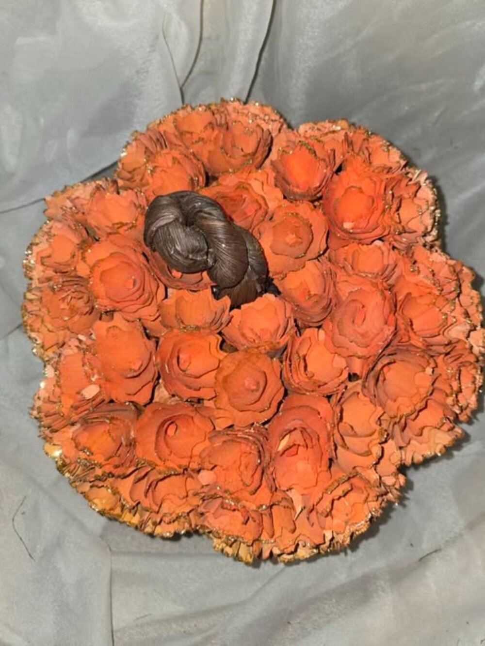 Halloween/Fall 2 Tone Orange Wooden w/Glitter Cluster Roses Pumpkin 11" L 7" H